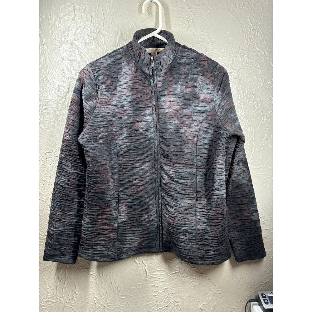 Erin London Black Burgundy High Neck Zip Up Crinkle Fabric Jacket Blouse‎ Size M